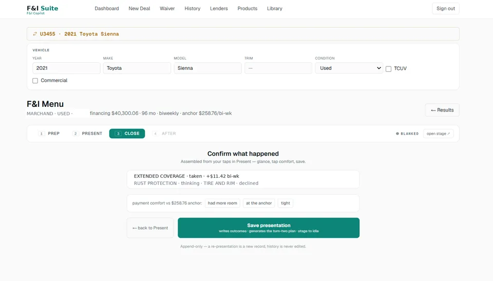 The F&I Copilot close stage: confirm what happened, product outcomes, and payment comfort.