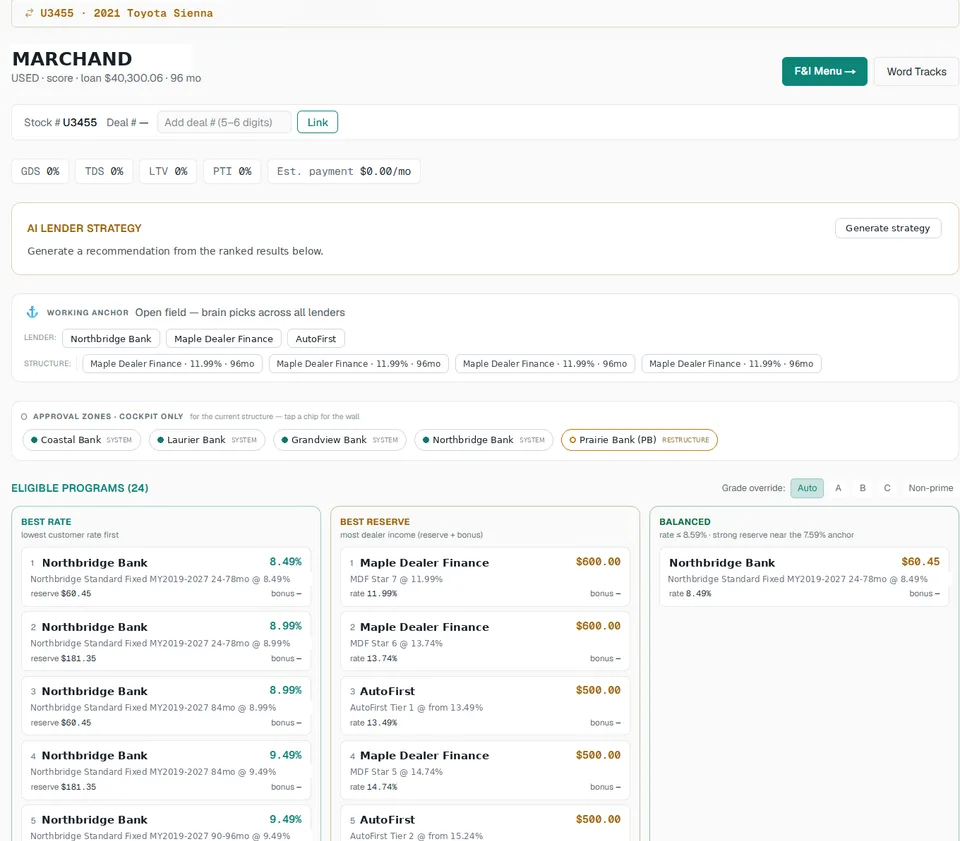 The F&I Copilot cockpit: ranked eligible programs across lenders with best rate, best reserve, and balanced columns.